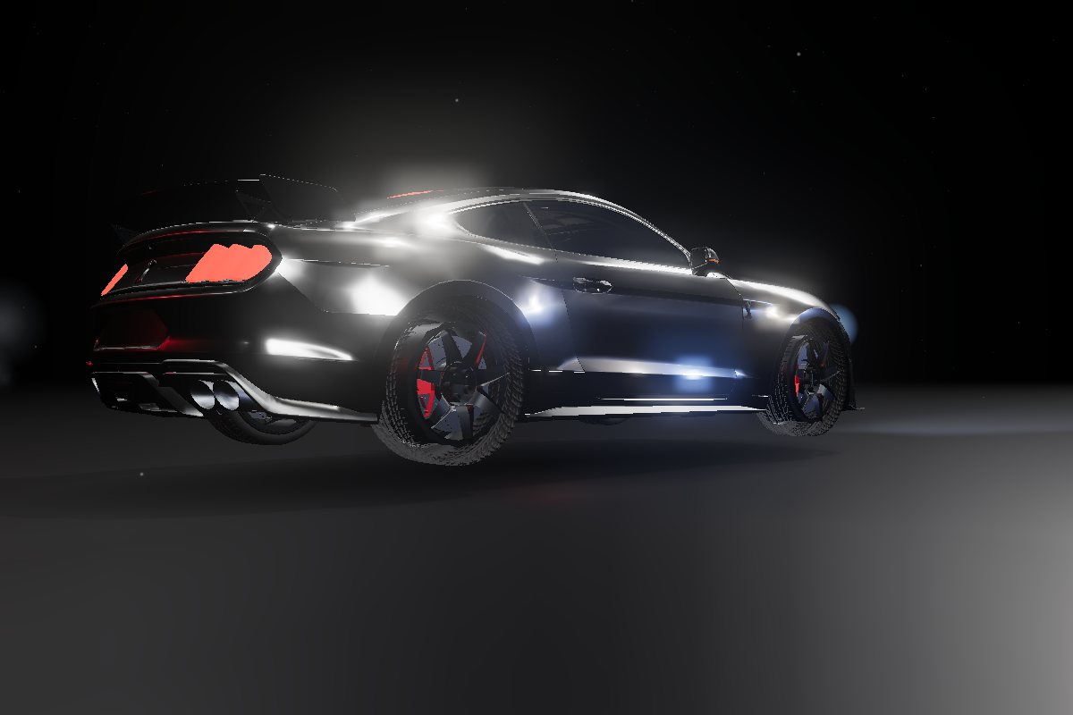 Shelby GT500 noire, jantes satinées, vue basse de trois quarts arrière